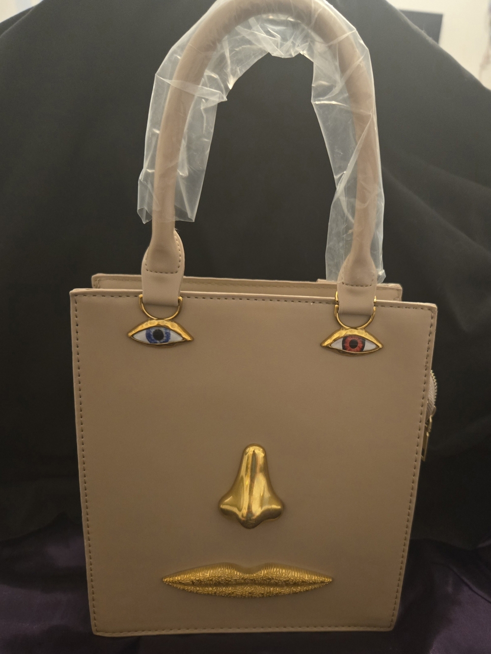Schiaparelli Inspired Taupe Crossbody Bag with Gold Face Accents